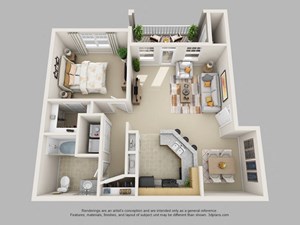 Edgewater Vista Apartments, Decatur Georgia, 1x1 Birch 3D floorplan